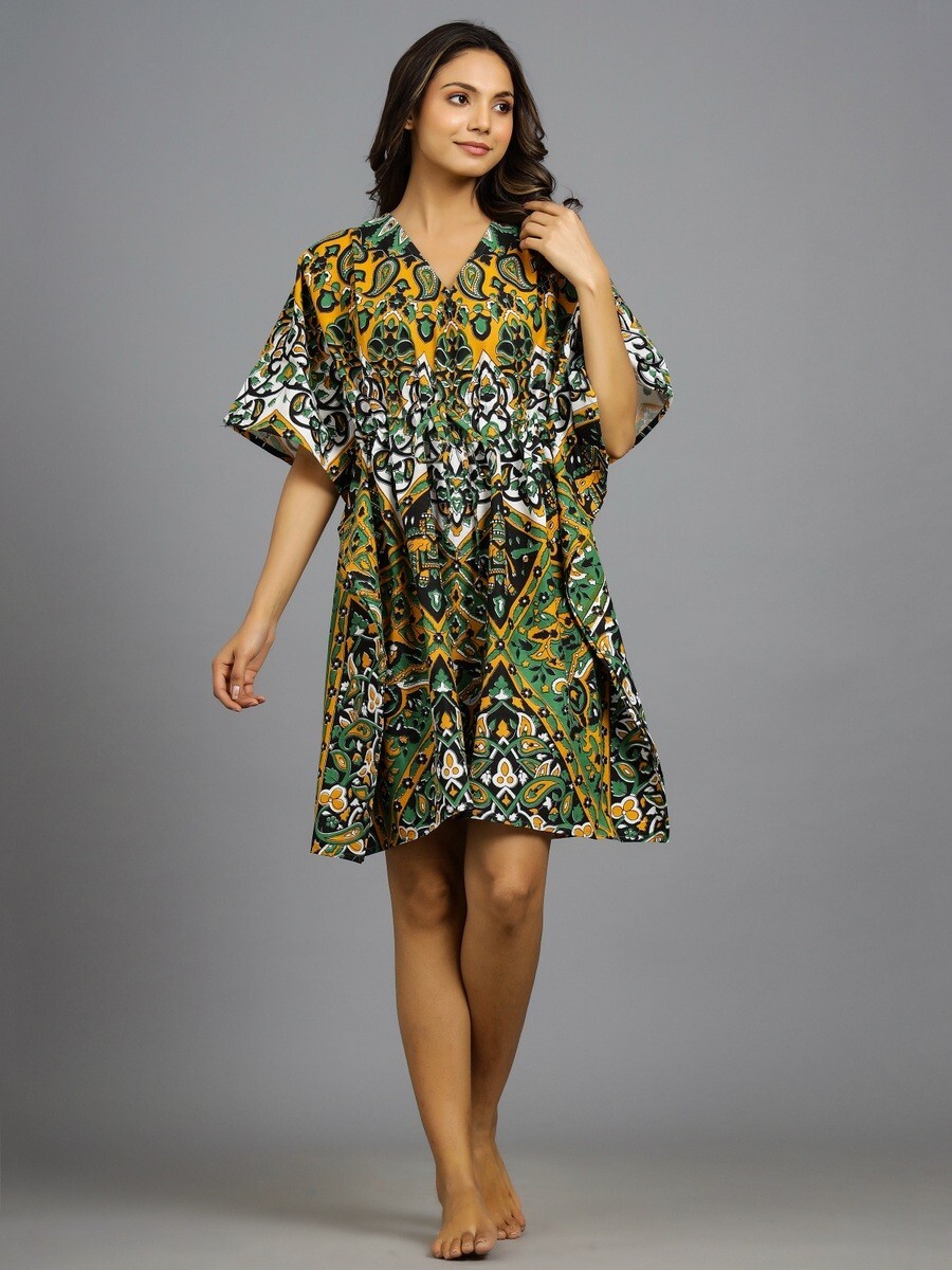 Indio Mandala Algodón Estampado Hippie Corto Mujer Pijama Vestido Caftán Pareo