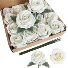 16pcs White Glitter Roses Artificial Flowers 3.93" White Velvet Rose Fake Flo...