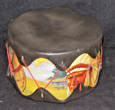 Vintage Indian Toy Drum 7,5"x 5" Colorful Paper Light w/Black Rubber Heads EUC