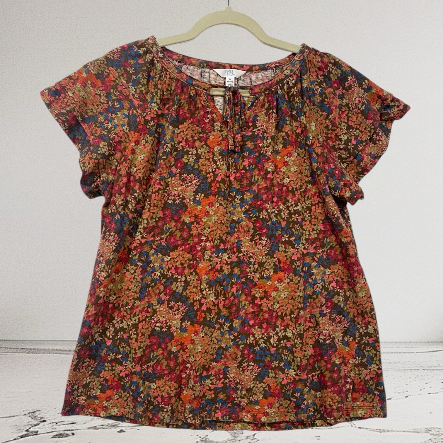 Time And Tru Flutter Sleeve Peasant Top Womens Medium 8-10 Ditsy Floral Summer Blouse