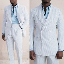 Sky Blue Seersucker Men's Suit Slim Fit for Wedding Business Evening Jacket Pant