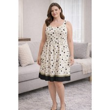 Cream Polka Dot Cotton Dress Size 12 Fit Flare Tea Length Modest Playful Retro