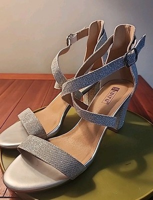 IDIFU Prom Strappy Block Heels Sandals Open Toe Chunky Cross Strap Glitter 7.5 