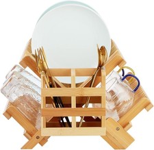 Bamboo Dish Drying Rack, 3 Tier Wooden Folding Rack with Utensil Holder, Bam...