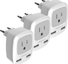  3-Pack European Travel Plug Adapter, TESSAN International Power Adapter 2 USB
