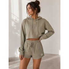 Trio Vegan Cropped Hoodie Shorts Set Women's Small Olive Stay Wild Lounge Set