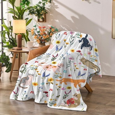Floral Throw Blanket Cat Flower Summer Wildflower Flannel Printed 50x60 Inch
