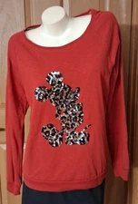 Disney Red Tee Long Sleeves Scoop Neck Black & Silver Sequins Mickey Misses L