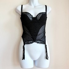 Vintage Made in Italy Black Lace Bustier Corset Lingerie Size 34B with Garters