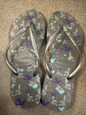 Havaianas Slims Flip Flops Gray Purple teal Birds Sz 9 US  41/41 EUR
