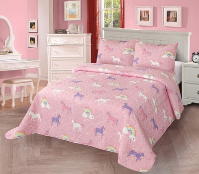 3pc Full/Queen Quilt Bedspread Set Kids/Teens Girls Unicorn Rainbow Pink Purple