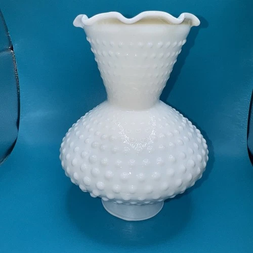 LOOK! Vintage milk glass hobnail Lamp Shade ruffle top 8” Tall 3” Grabber Date
