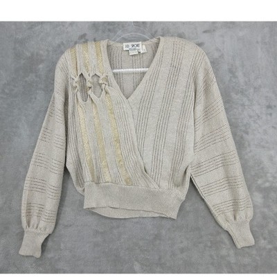 Vintage JD Sport Sweater Women Size S Snake Vegan Leather Trim Open Knit Tan