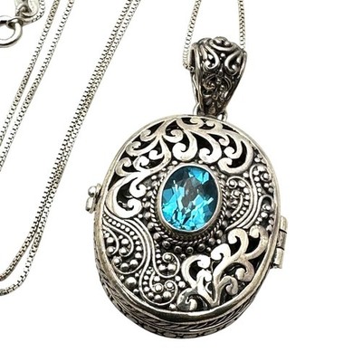 Sarda Blue Topaz Sterling Silver 2 Inch Pendant Necklace 17 Grams 17 Inch Chain