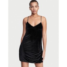 Victoria  s Secret Black Velvet Lace Trim Chemise Slip Dress Nightgown Size XL