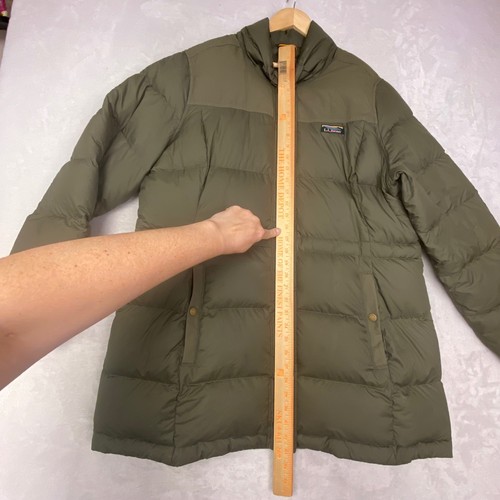 LL Bean Womens Down Puffer Coat Olive Green Long Quilted Button Front - Picture 12 of 13