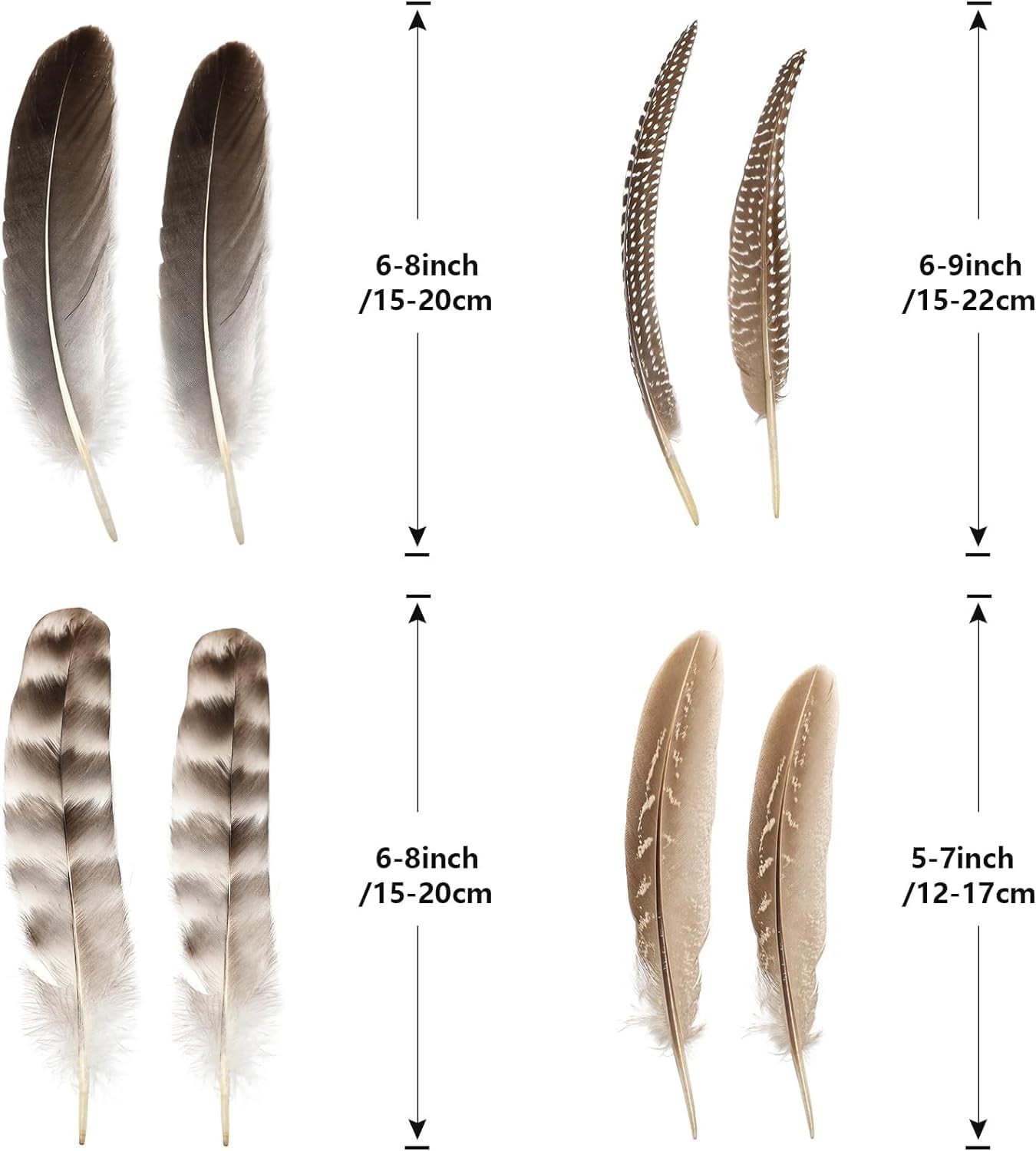 24 Pcs Natural Guinea Fowl Wing Feathers 4 Styles, 6-8" for Crafts, Jewelry, DIY