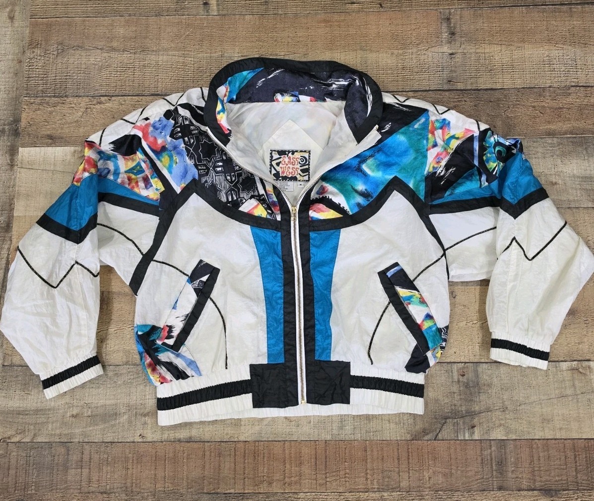 Vtg 80s 90s East West Crazy Windbreaker Jacket Sz M Full Zip Excellent Shape