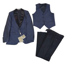 Romano Luxury Boys 3-Piece Navy White Polka Dot Suit Jacket Vest Pants Sz 12
