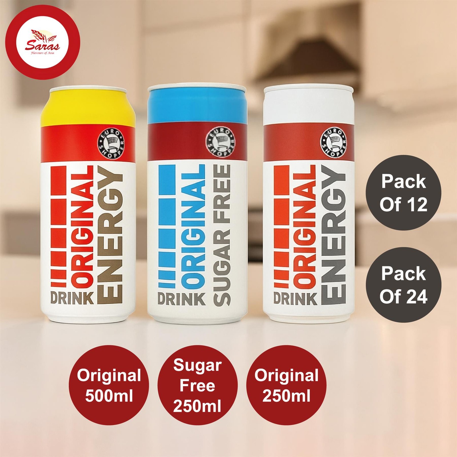 Euro Shopper Original & Sugar Free  Energy Drink (Pack of 12 & 24) 