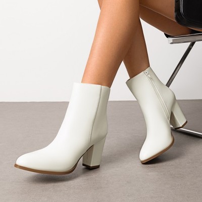 US Women Almond Toe Side Zipper 3 inch Chunky Block Heel Fashion Ankle Boots