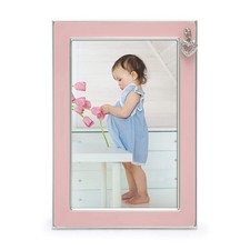 Silver Plated Metal Baby Picture Frame with Pink Enamel and a Heart Charm 4x...