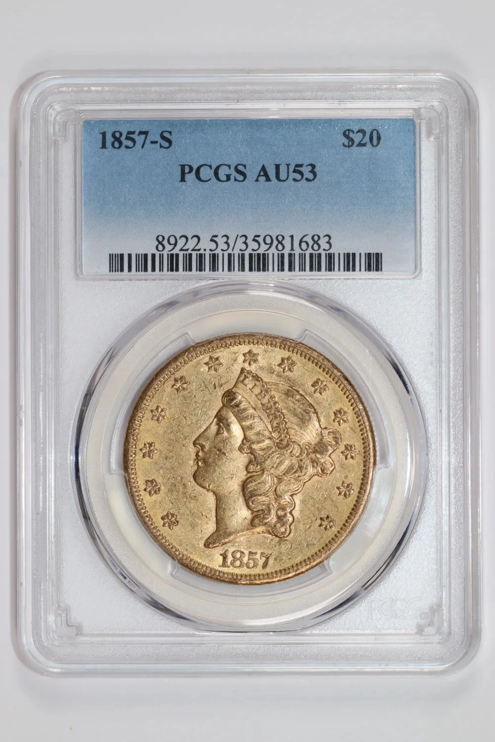 1857-S $20 GOLD LIBERTY DOUBLE EAGLE PCGS AU53