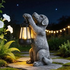 Solar Dog Outdoor Statue with Lantern Garden Dog Figurines for Patio Lawn Y...
