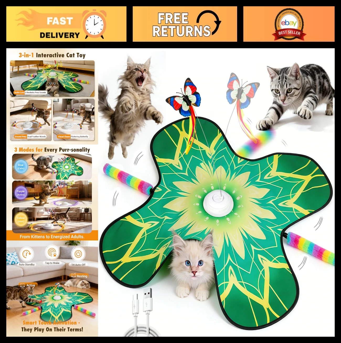Interactive 3-in-1 Cat Toy Mat with Fluttering Butterfly & Moving Feathers, Rech