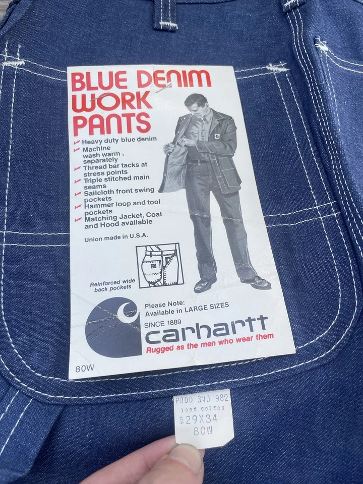 NEW NOS VINTAGE 70s CARHARTT BLUE DENIM WORK PANTS JEANS 80W 29x34 USA UNION - Image 4 of 4