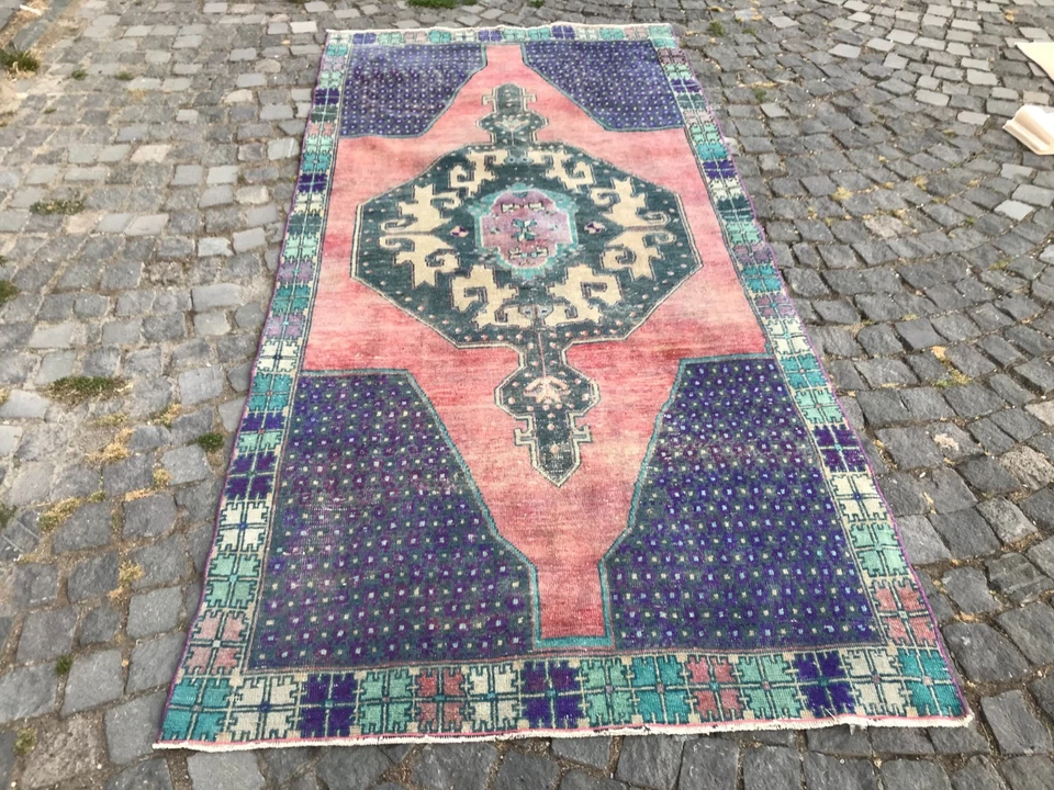Bohemian Area Rug Handmade Wool Rug Turkish Vintage Traditional Rug 4,4 x 9,4 ft - Image 4 of 4