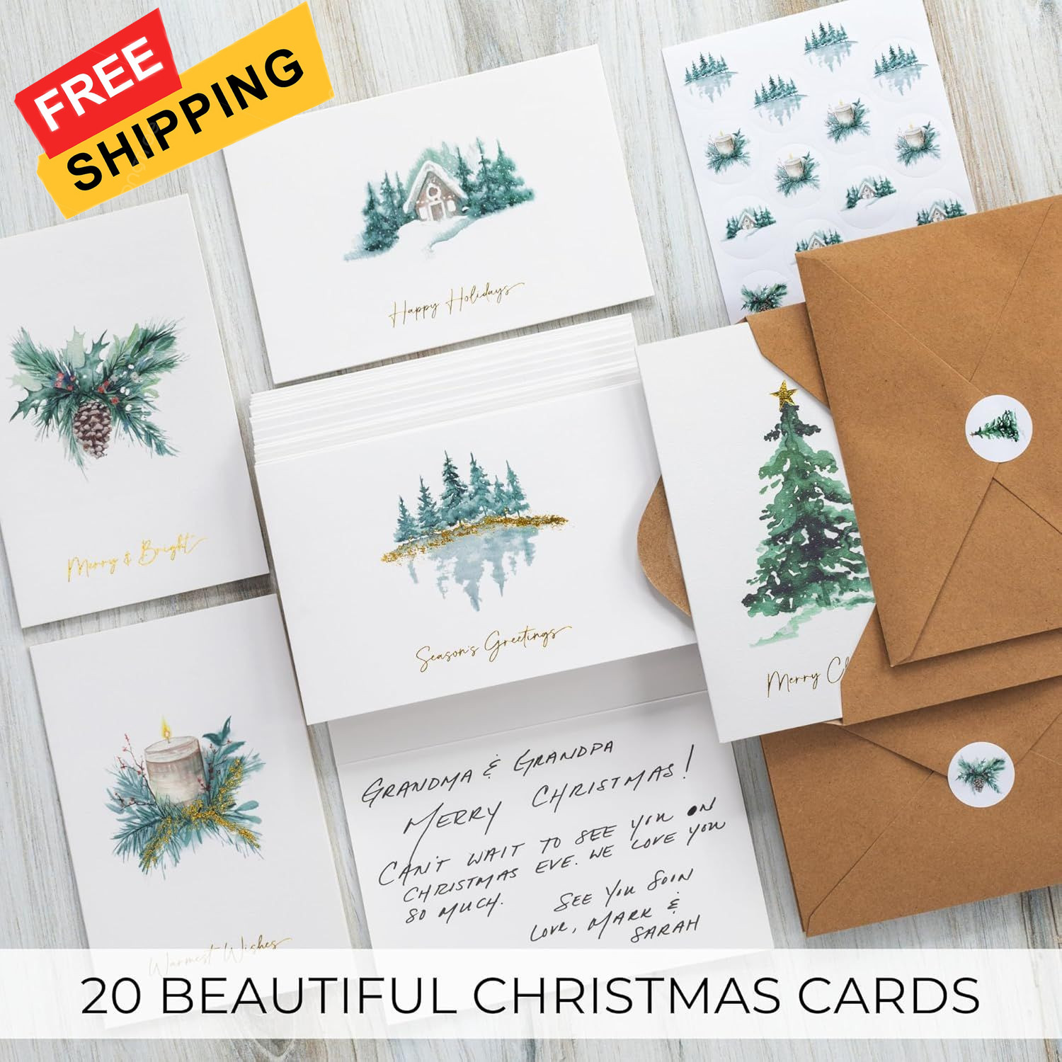 ZICOTO Beautiful Christmas Cards Set of 20 with 4x6 inches, watercolor 