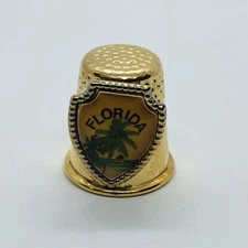 Florida Souvenir State Gold Tone Metal Thimble w/ Palm Tree & Sailboat