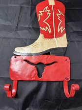 Red Cowboy Boot Western Style Metal 13" × 7.5" Wall Rack 2 Hooks Longhorn Cutout