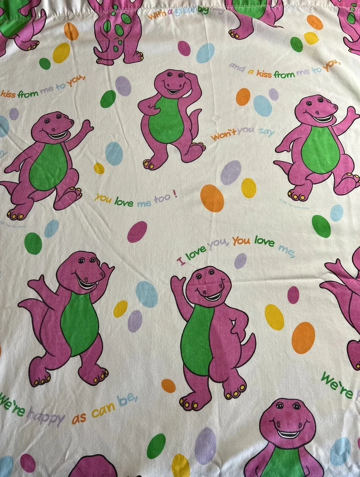 Vintage 1992 Barney Purple Dinosaur 90” x 67” Twin Bed Sheet “I Love You” - Image 4 of 4