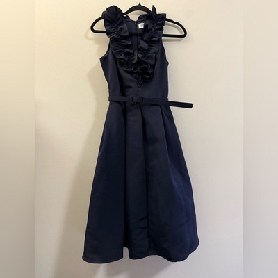 NWT Eliza J Ruffle Neck Belted A-Line Dress in Navy Blue - 4