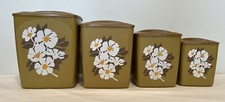 70s Vtg Gold White Flowers Floral Plastic Nesting. Set of 4 Canisters w/ Lids