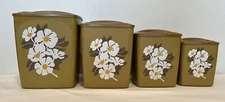 70s Vtg Gold White Flowers Floral Plastic Nesting. Set of 4 Canisters w/ Lids