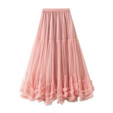 Ladies Skirt Midi Mesh Ruffled Elastic Waist Puffy Skirt Casual Fairy Festival