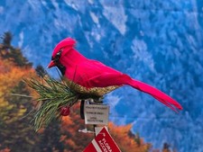 New Red Feathered Cardinal Bird Clip on Christmas Ornament gold glitter