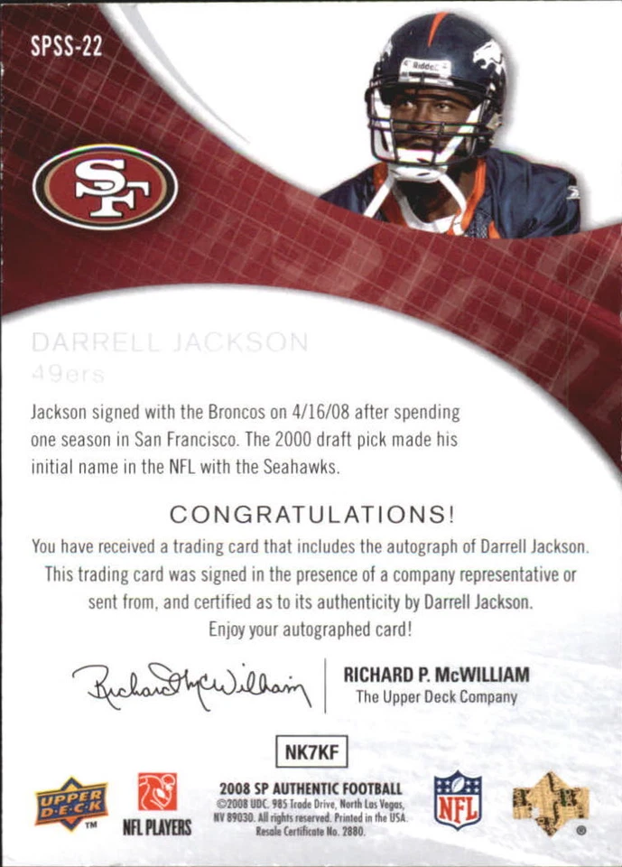 A9670- 2008 SP Authentic SP Star Signatures #SPSS22 Darrell Jackson Auto - NM-MT - Image 2 of 2
