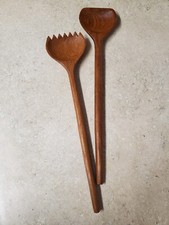 Vintage Hand Carved Wood Salad Fork  Spoon Serving Set 14.25" L