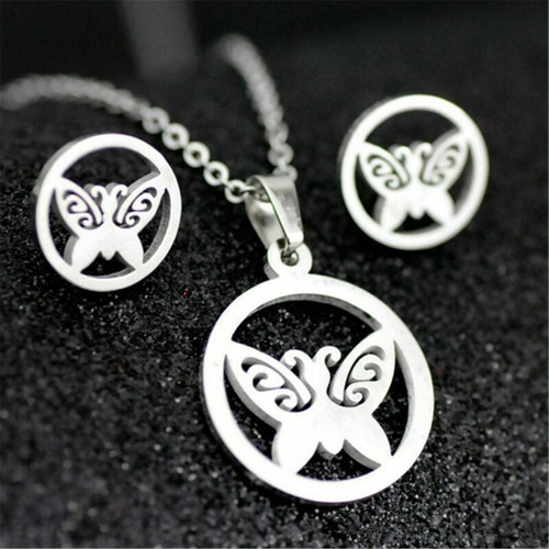 Edelstahl Damen Silber Schmuck Set Anhänger Ohrringe Halskette Charm Geschenk - Bild 26 von 39