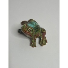 Estatuilla de rana de cerámica esmaltada vintage verde marrón azul esmalte por goteo animal de cerámica