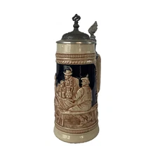 Vintage Gerz Germany Lidded Beer Stein Pewter Lid Tavern Scene Relief Ceramic