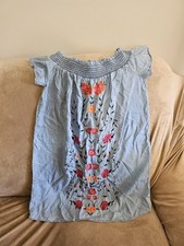 Mi Ami Blue Chambray Shift Dress Women's L Embroidered Flower Off Shoulder