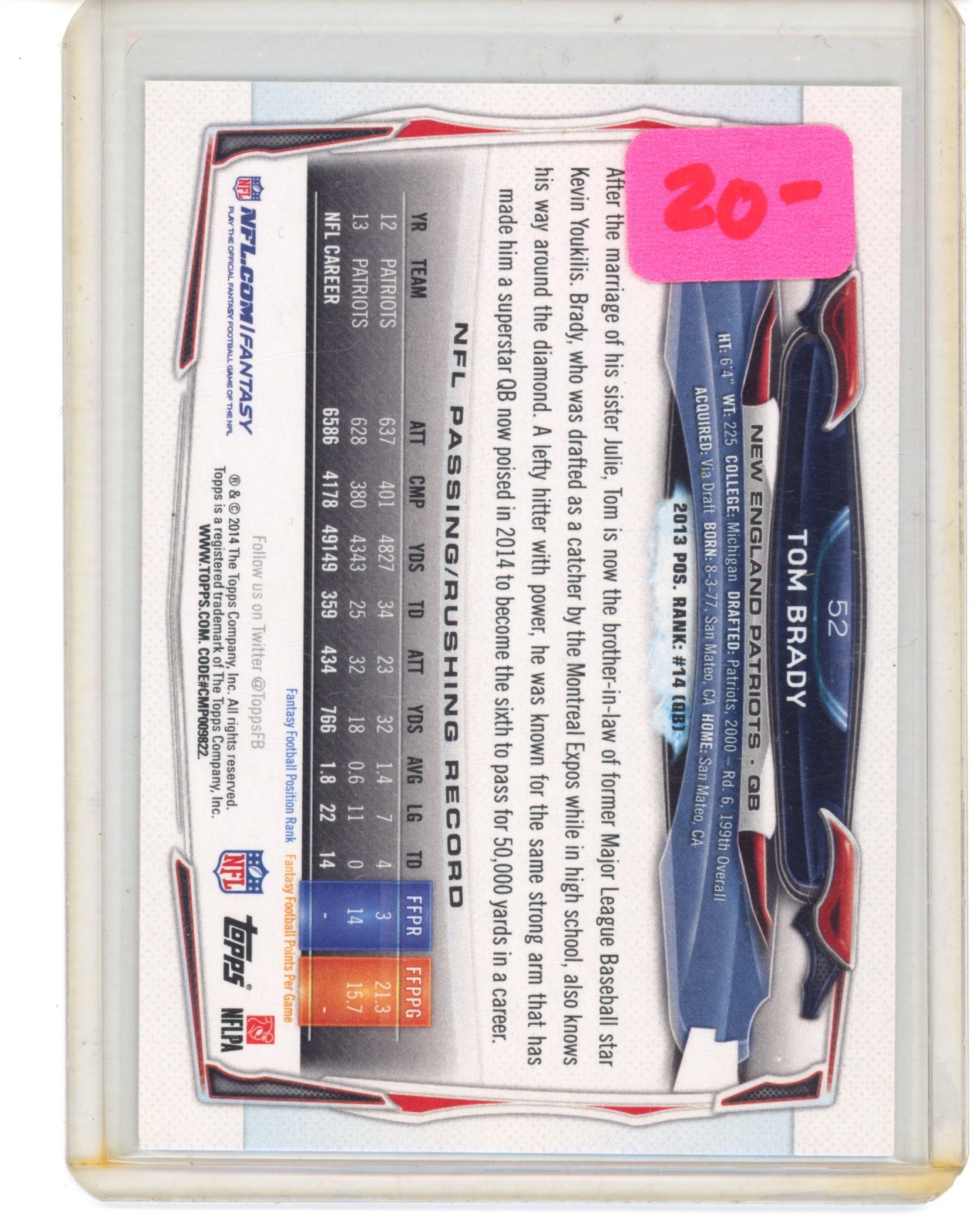 2014 Topps Tom Brady #52 New England Patriots