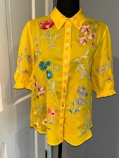 Johnny Was Workshop Short Sleeve Yellow Top, Ladies S, Embroidery Flowers