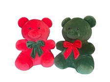 2 Holiday Christmas Gummy Bear 16  Tall Red  Green Soft Plush W Bows LkNw