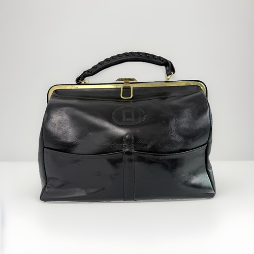 Vintage Doctor Bag Purse Top Handle Bag Black Leather Velvet Lined - Image 1